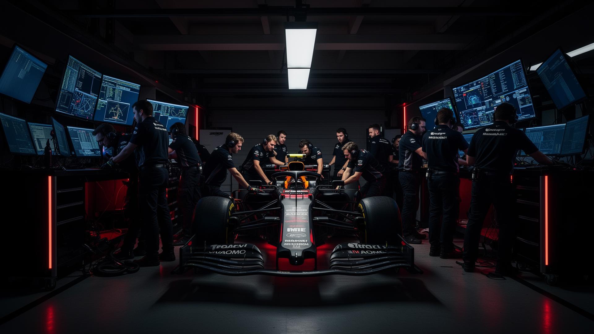 Race engineers and mechanics working around a Formula car in a dark garage