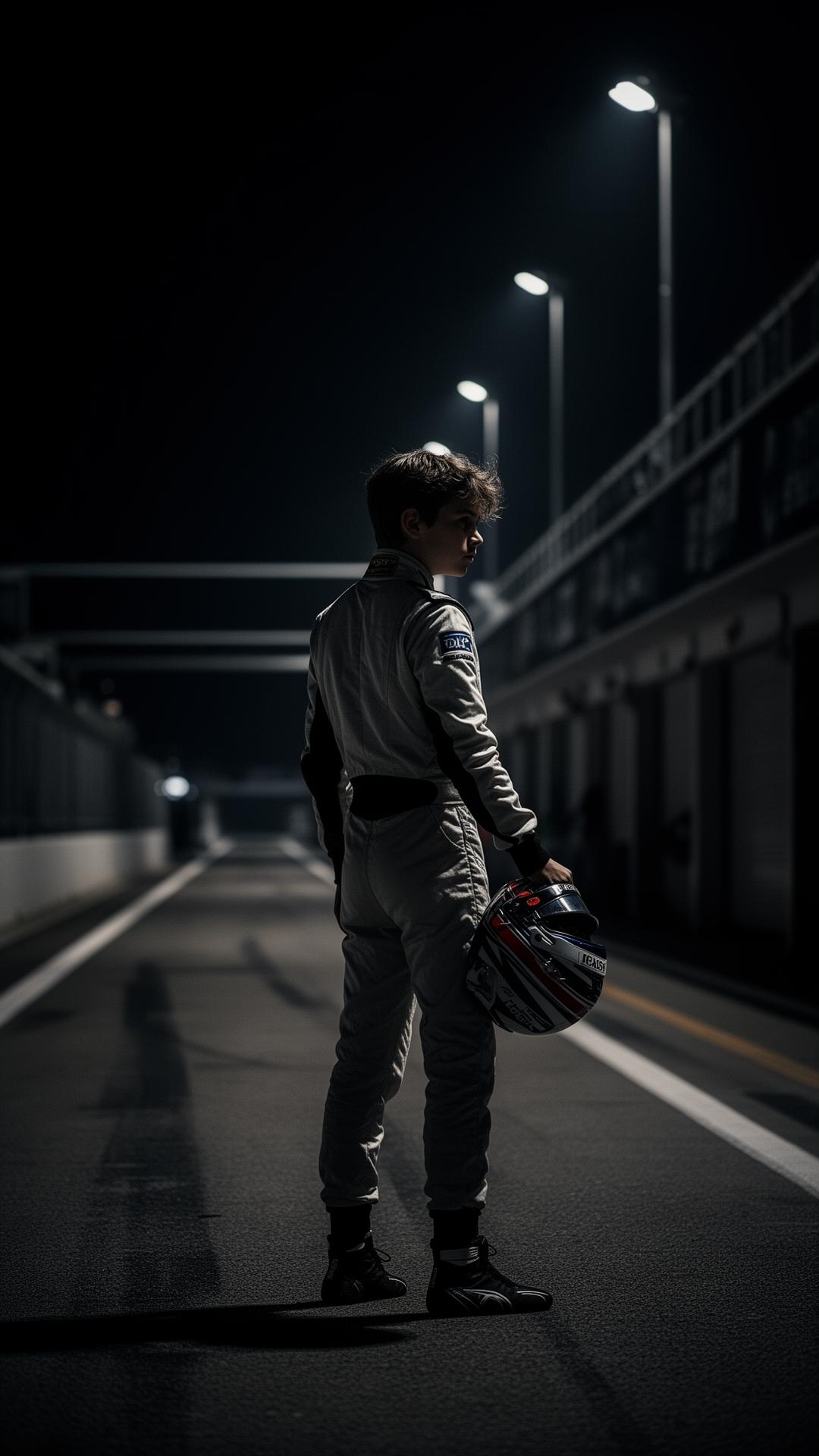 Young driver standing alone in an empty pit lane at night